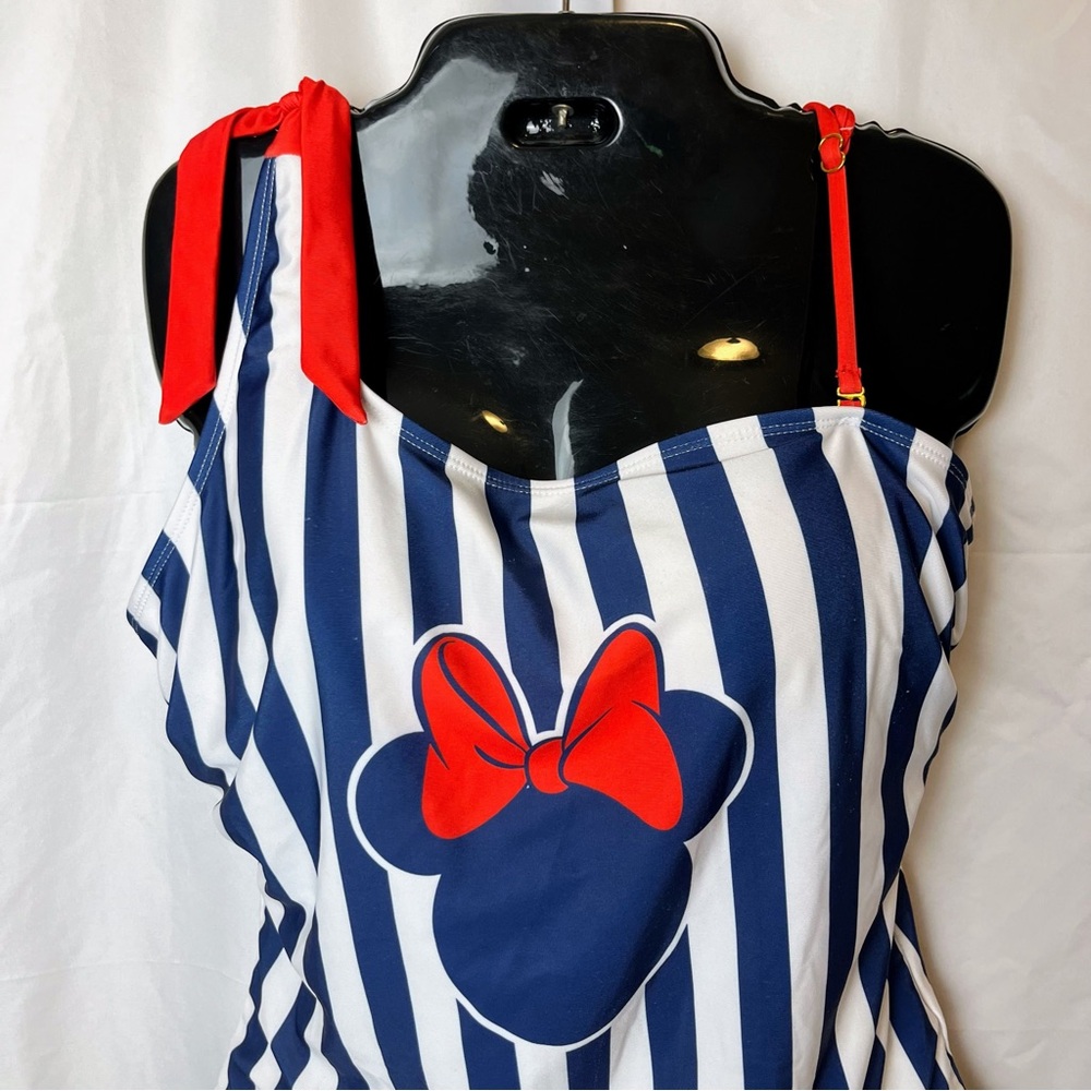 Disney Womens Minnie Mouse Swimsuit XL One Piece Striped Red Bow Nautical Cruise - Picture 2 of 9